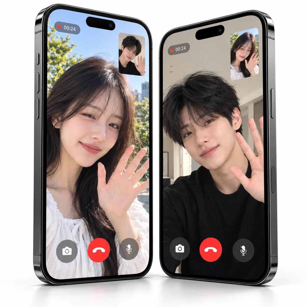 두 사람이 영상통화를 하는 스마트폰 화면