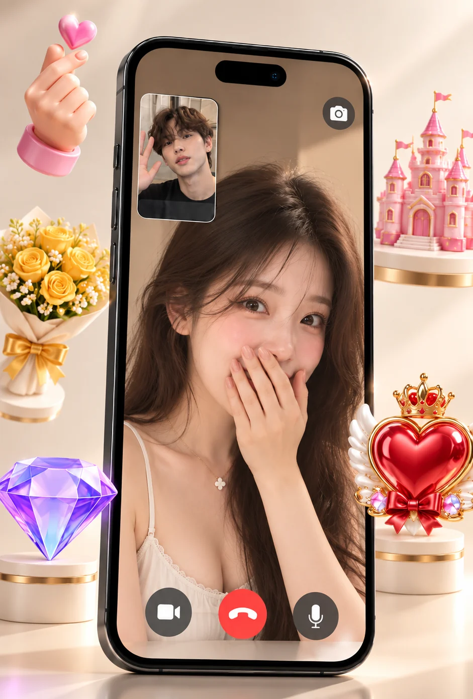 선물 아이콘에 둘러싸인 영상채팅 스마트폰