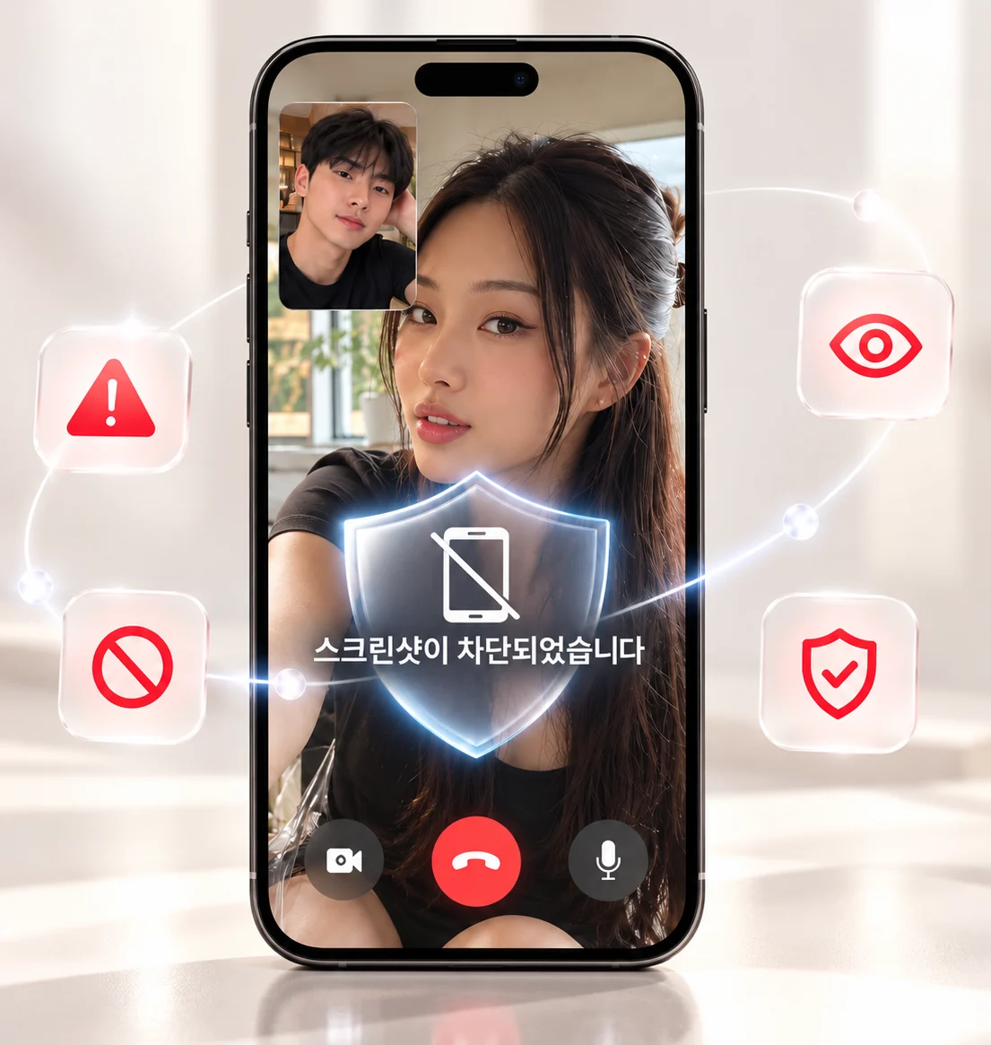 스크린샷 차단 방패와 안전 기능 아이콘에 둘러싸인 영상채팅 스마트폰