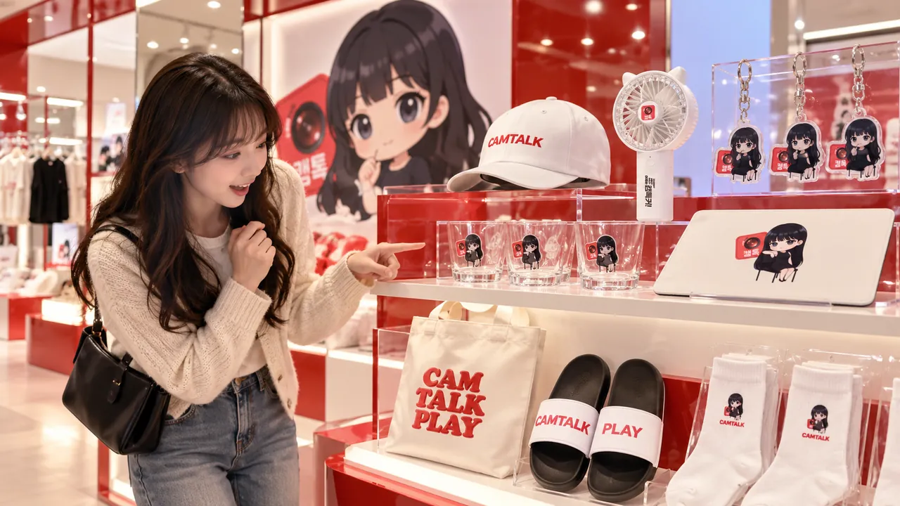 캠톡 굿즈를 고르는 방문객