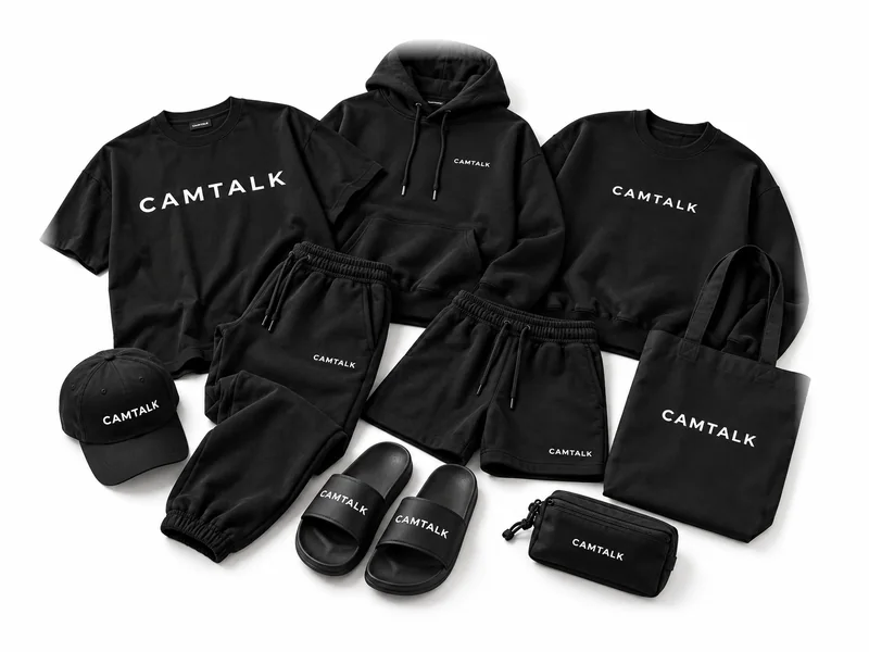 CAMTALK 검정 의류, 모자, 슬리퍼, 토트백과 파우치